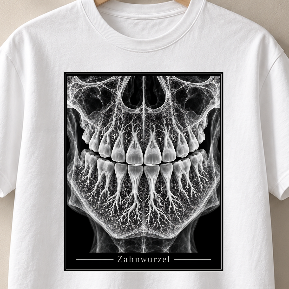 Weißes T-Shirt mit Gebiss und verzweigten Pflanzenwurzeln in Röntgenoptik – Zahnwurzel