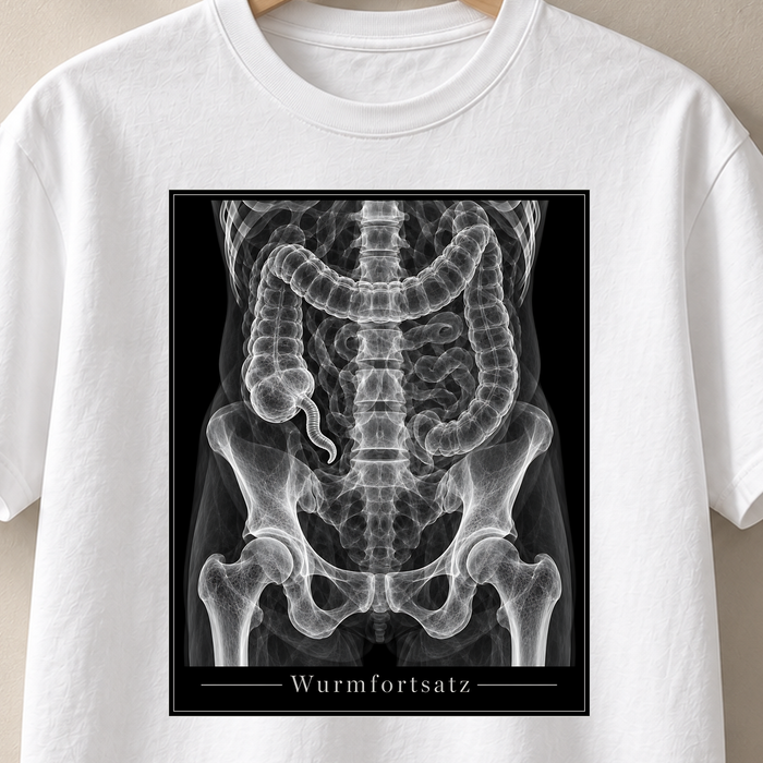 Weißes T-Shirt mit kleinem Wurm am Darm in künstlerischer Röntgenoptik – Wurmfortsatz