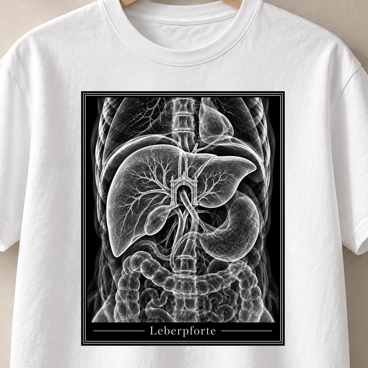 Weißes T-Shirt mit kunstvoller Pforte in einer Leber in künstlerischer Röntgenoptik – Leberpforte