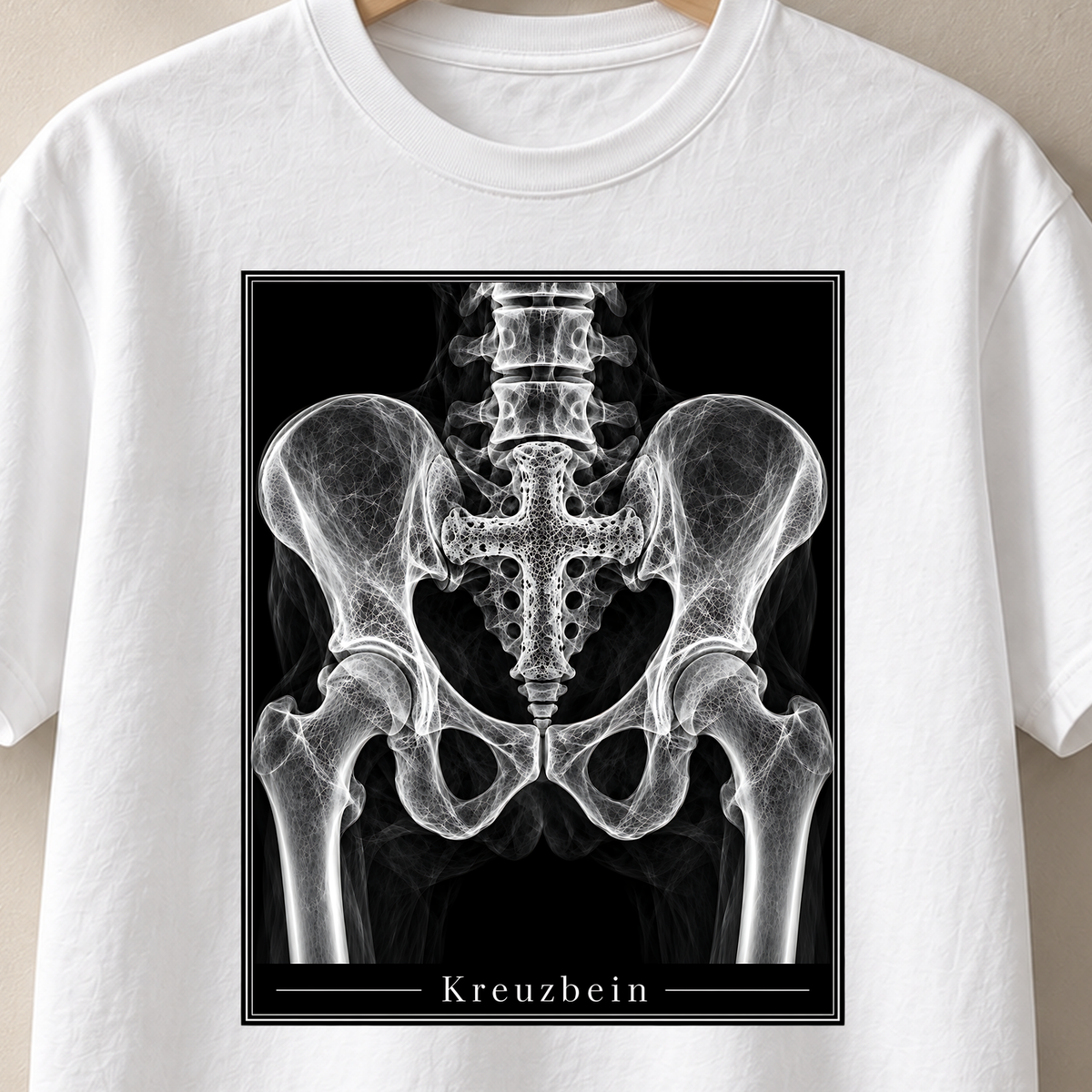 Weißes T-Shirt mit kreuzförmigem Knochen zwischen den Beckenknochen in Röntgenoptik – Kreuzbein