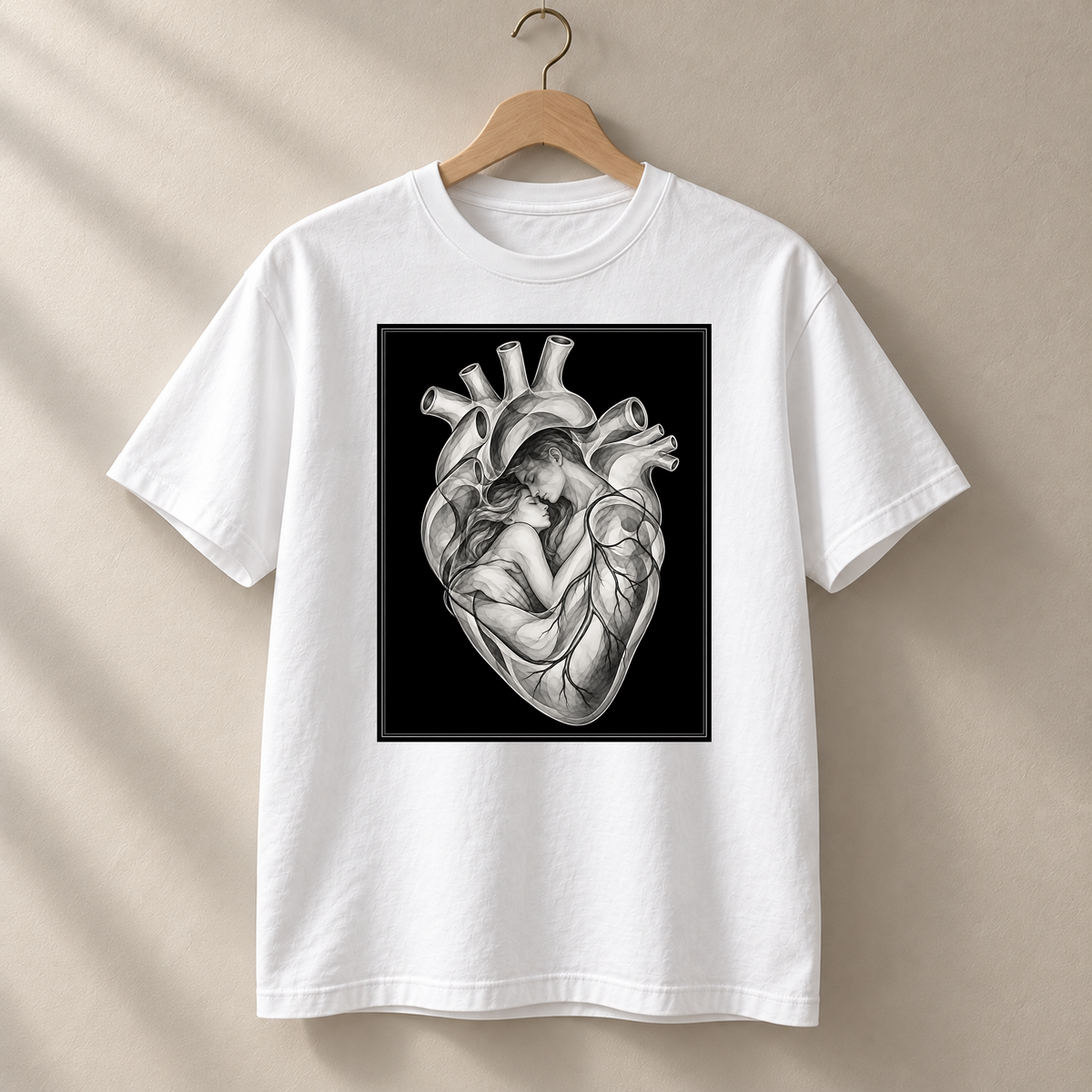 Geborgenes Herz – weißes T-Shirt hängend