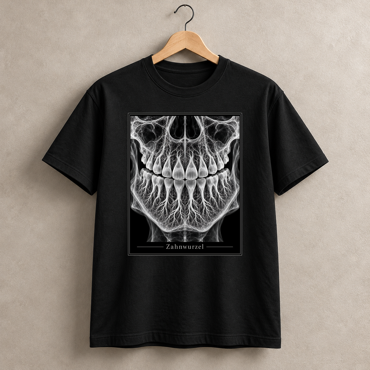 Zahnwurzel – schwarzes T-Shirt hängend