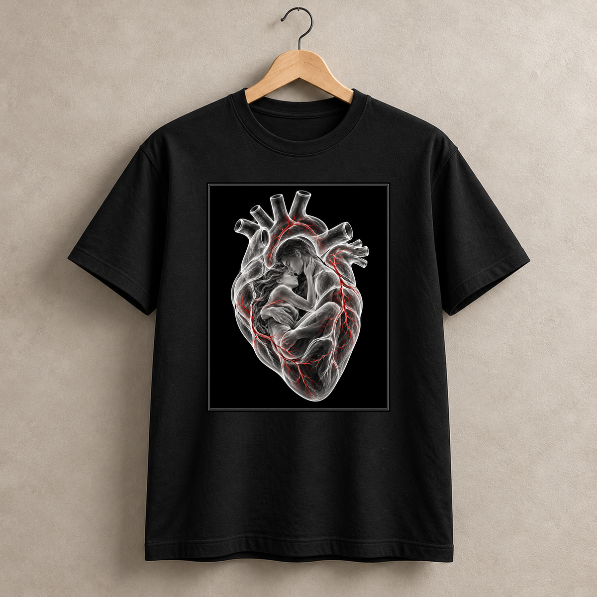 Liebe in roten Linien – schwarzes T-Shirt hängend