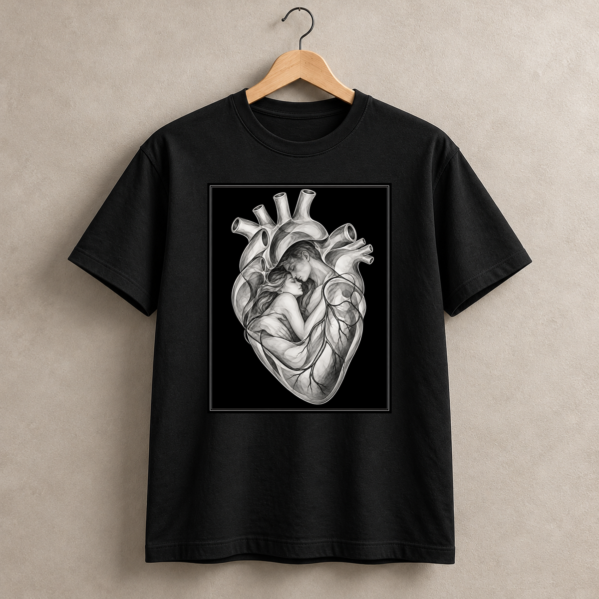 Geborgenes Herz – schwarzes T-Shirt hängend