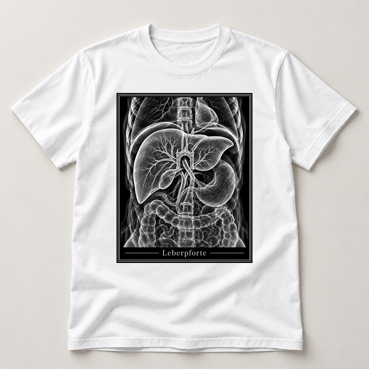 Leberpforte – weißes T-Shirt als flache Ansicht