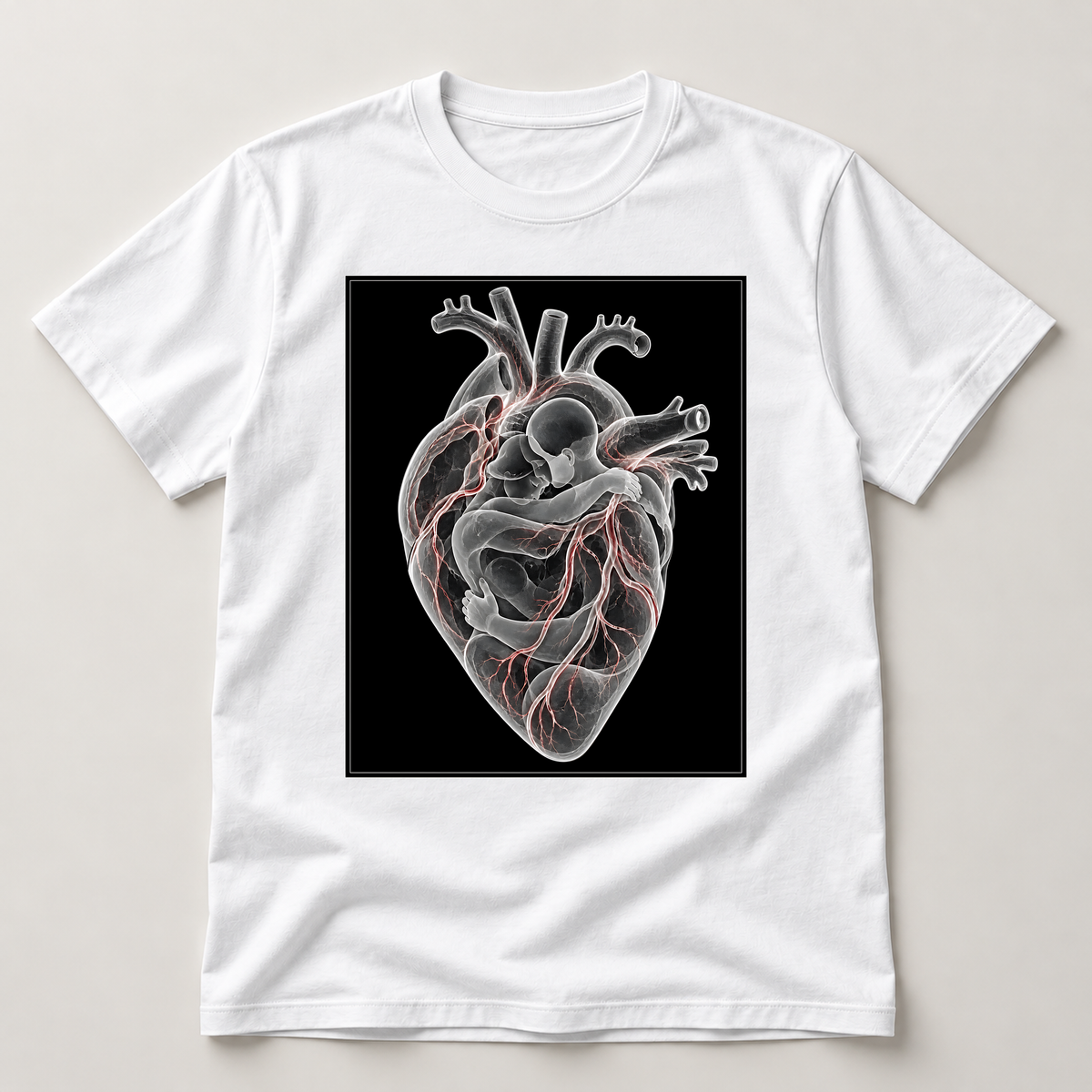 Im Herzen geborgen – weißes T-Shirt als flache Ansicht