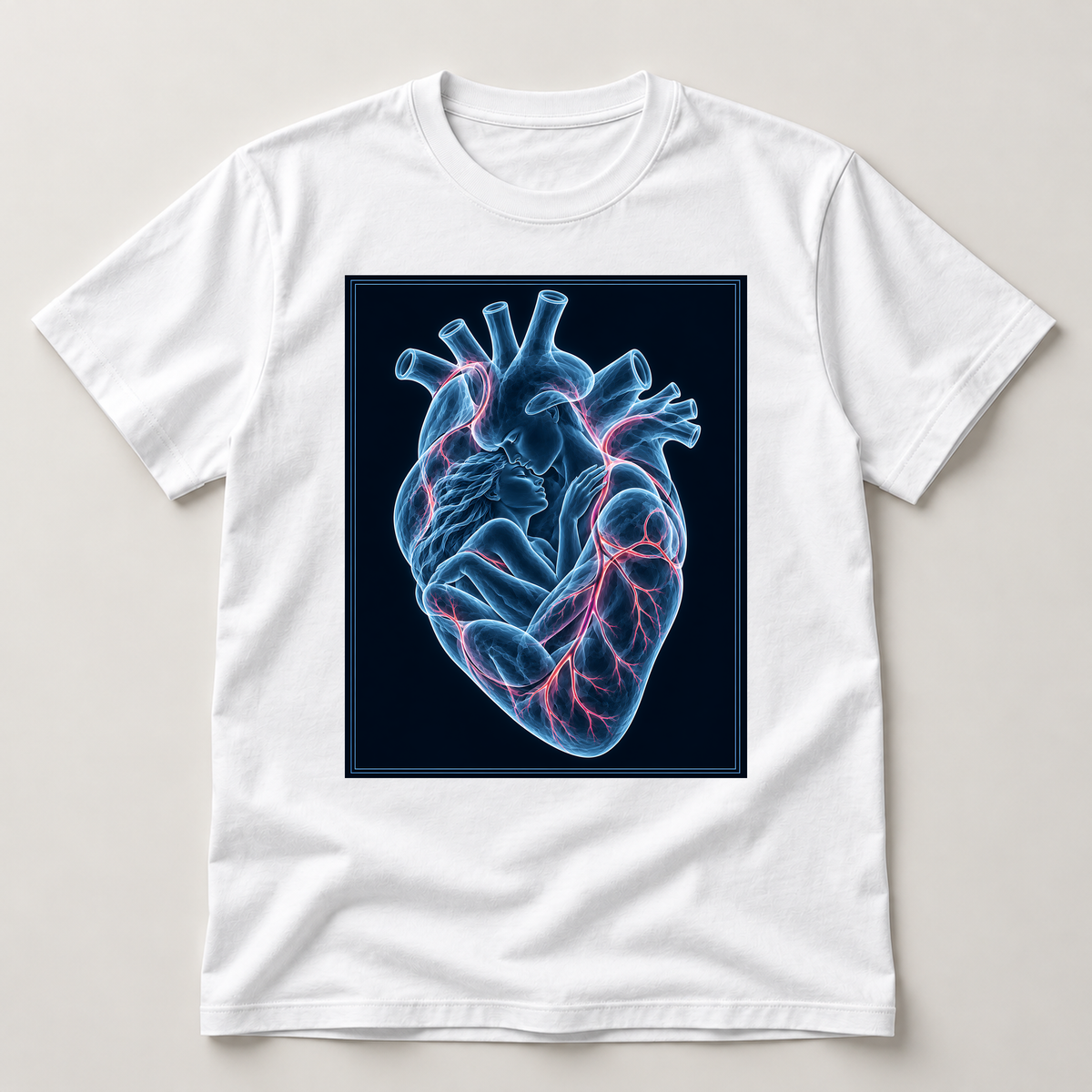 Blaues Herzensleuchten – weißes T-Shirt als flache Ansicht
