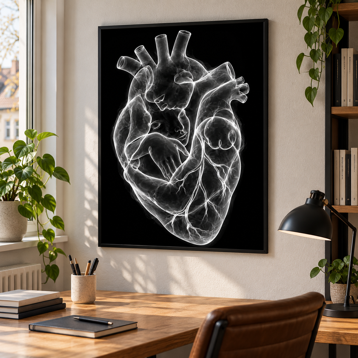 Stirnkuss – Silberne Nähe als gerahmtes Bild über einem Schreibtisch.