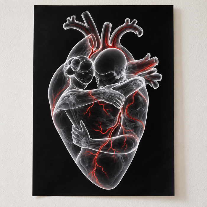 Herzumarmung – Rote Adern: ungerahmtes Poster mit zwei umarmten Menschen in einem anatomischen Herz auf schwarzem Grund.