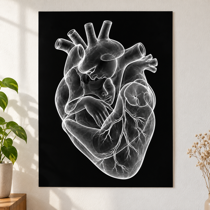 Stirnkuss – Silbernes Herzlicht als Poster ohne Rahmen.