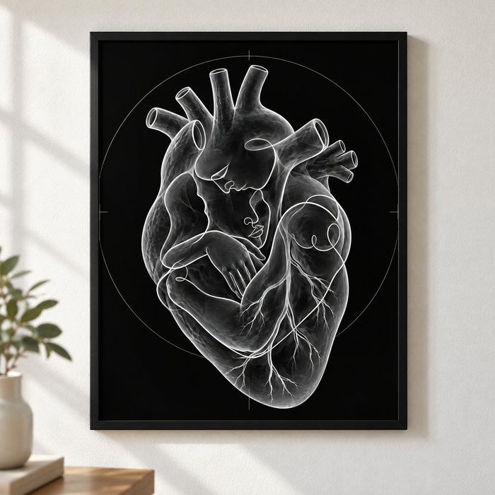 Stirnkuss – Kreis der Nähe im schwarzen Rahmen an einer hellen Wand.