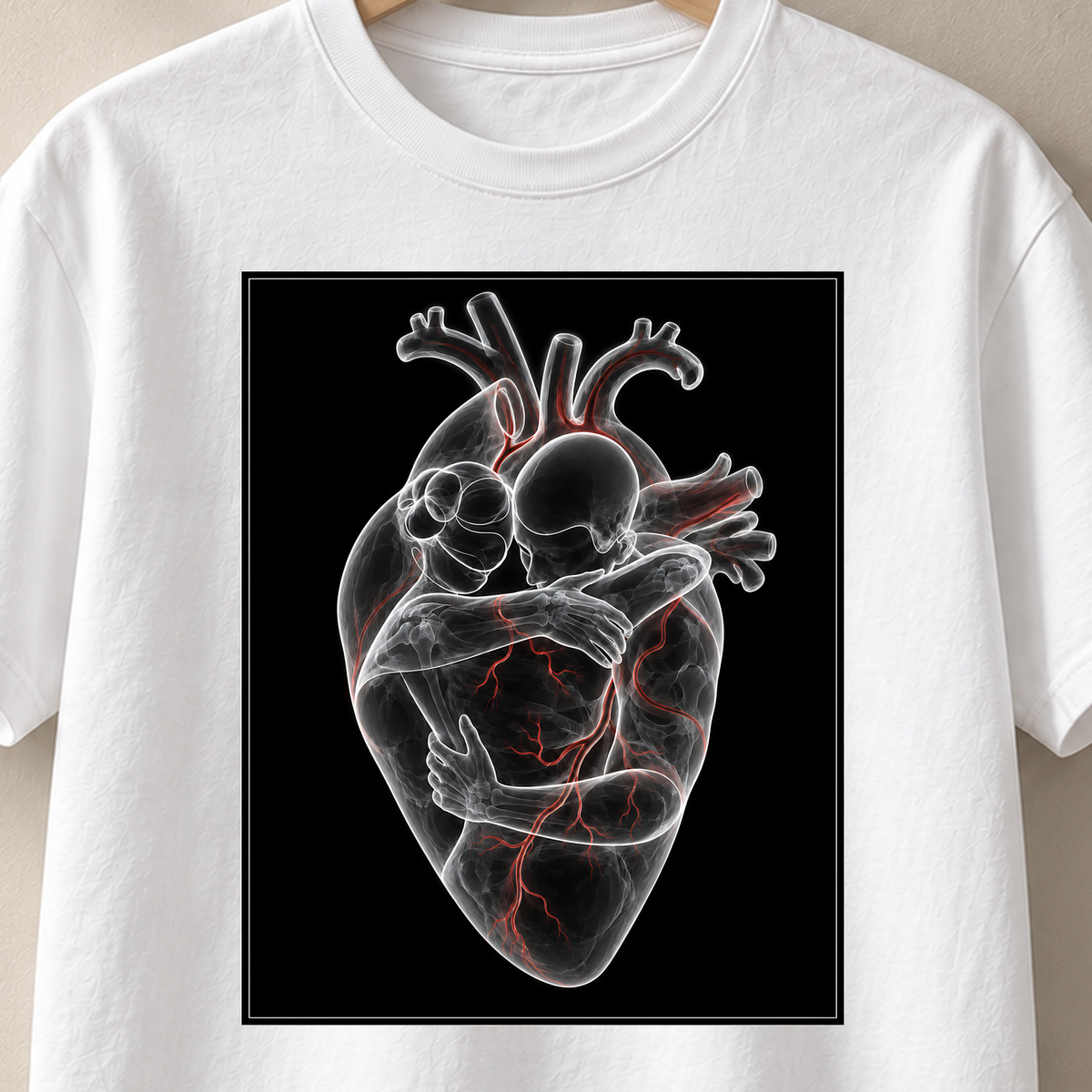 Innige Umarmung – Röntgen T-Shirt, Motiv als Nahaufnahme