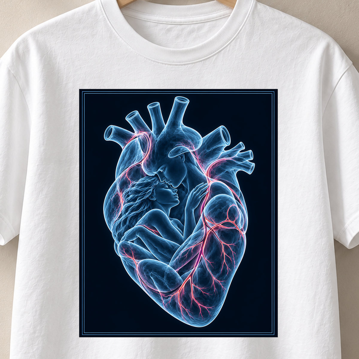 Blaues Herzensleuchten – Röntgen T-Shirt, Motiv als Nahaufnahme
