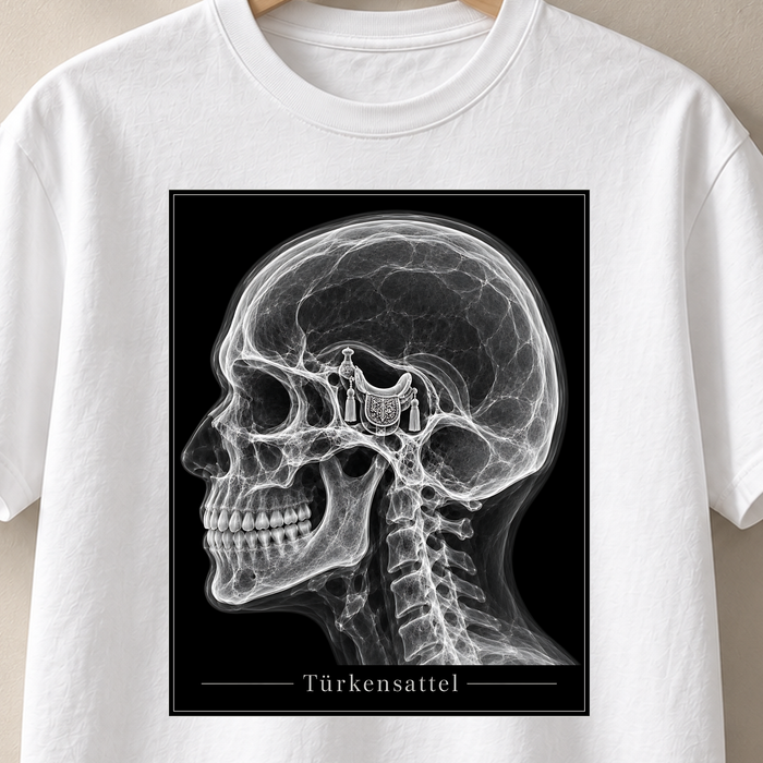 Weißes T-Shirt mit seitlicher Schädelansicht und verziertem Sattel in Röntgenoptik – Türkensattel