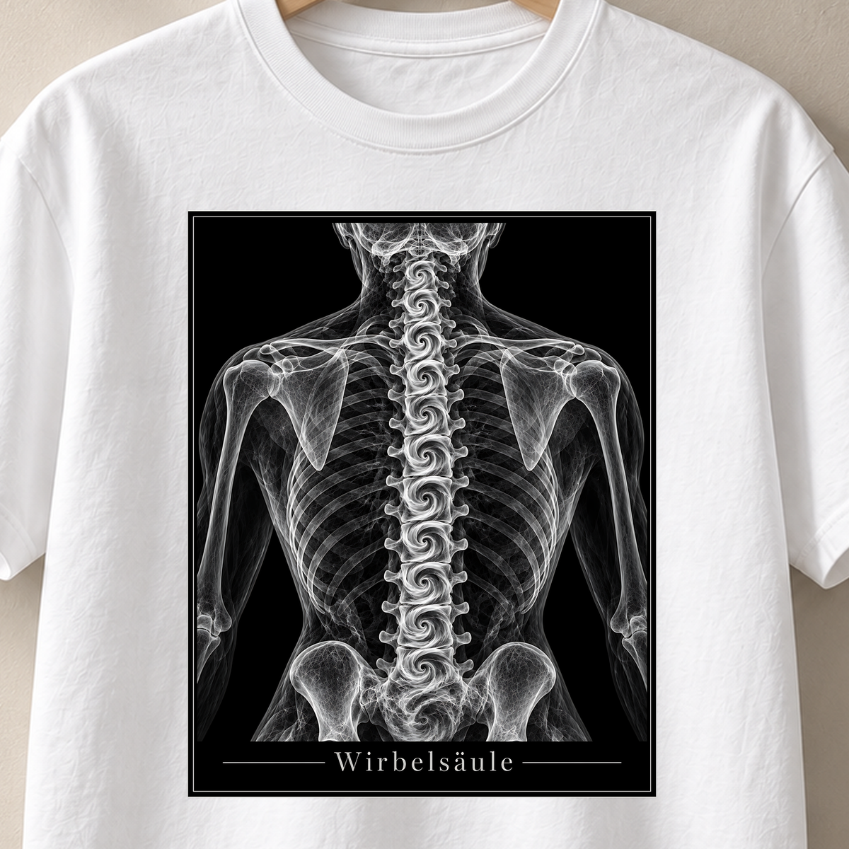 Weißes T-Shirt mit Wirbelsäule aus spiralförmigen Wirbeln in Röntgenoptik – Wirbelsäule, Vorderseitendruck