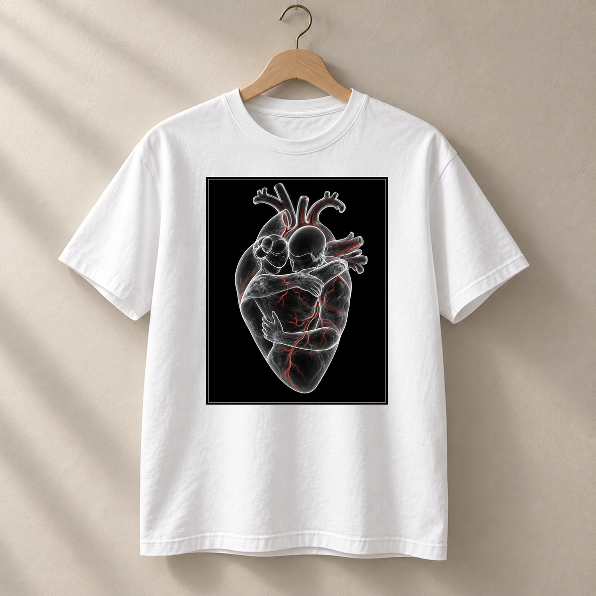 Innige Umarmung – weißes T-Shirt hängend