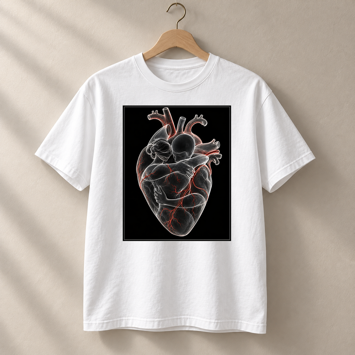 Rote Herzenslinien – weißes T-Shirt hängend