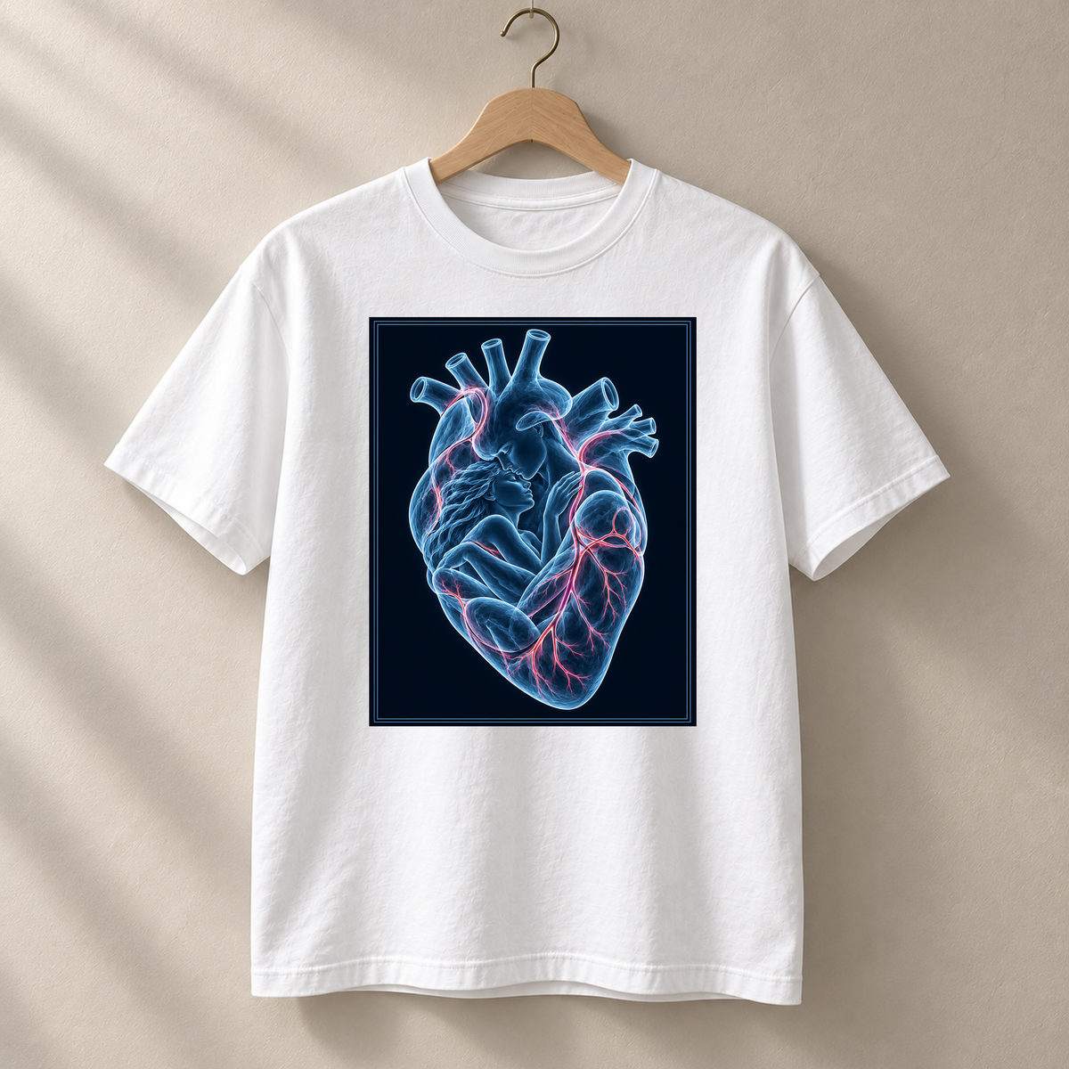Blaues Herzensleuchten – weißes T-Shirt hängend