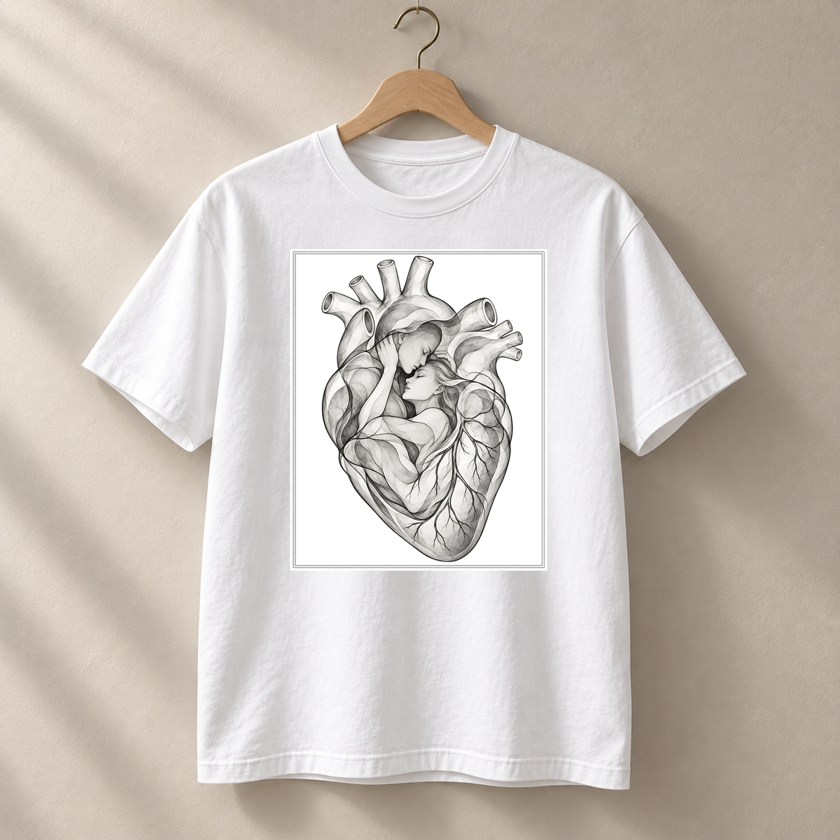 Zarte Herzensnähe – weißes T-Shirt hängend