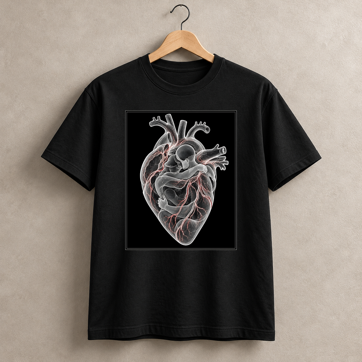 Im Herzen geborgen – schwarzes T-Shirt hängend