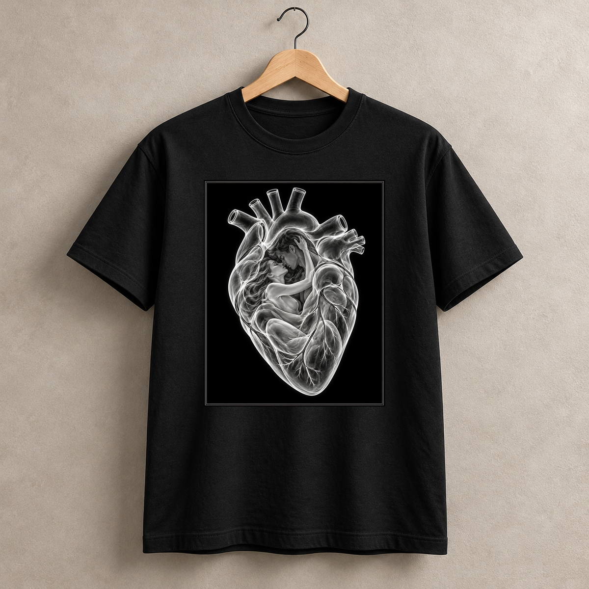 Im Herzen gehalten – schwarzes T-Shirt hängend