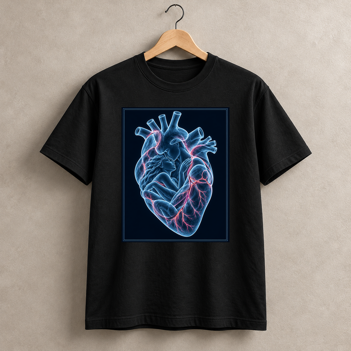 Blaues Herzensleuchten – schwarzes T-Shirt hängend