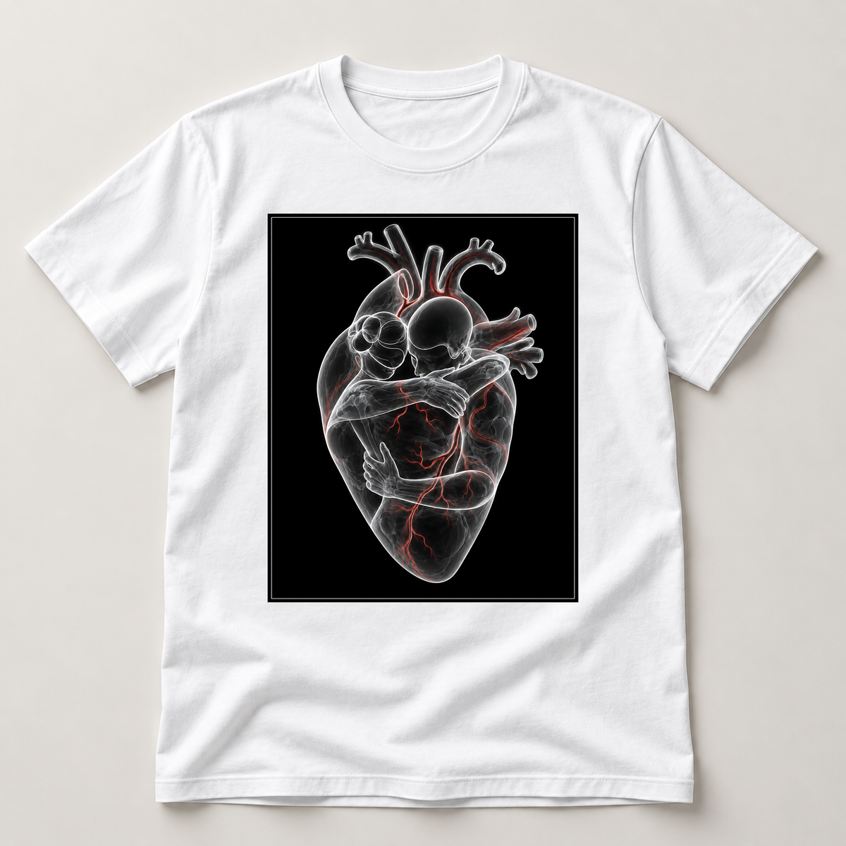 Innige Umarmung – weißes T-Shirt als flache Ansicht