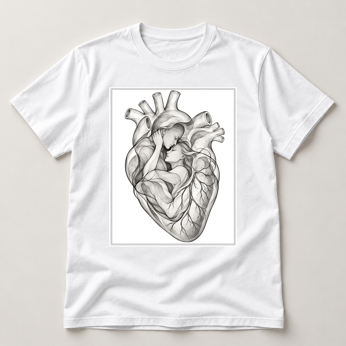 Zarte Herzensnähe – weißes T-Shirt als flache Ansicht