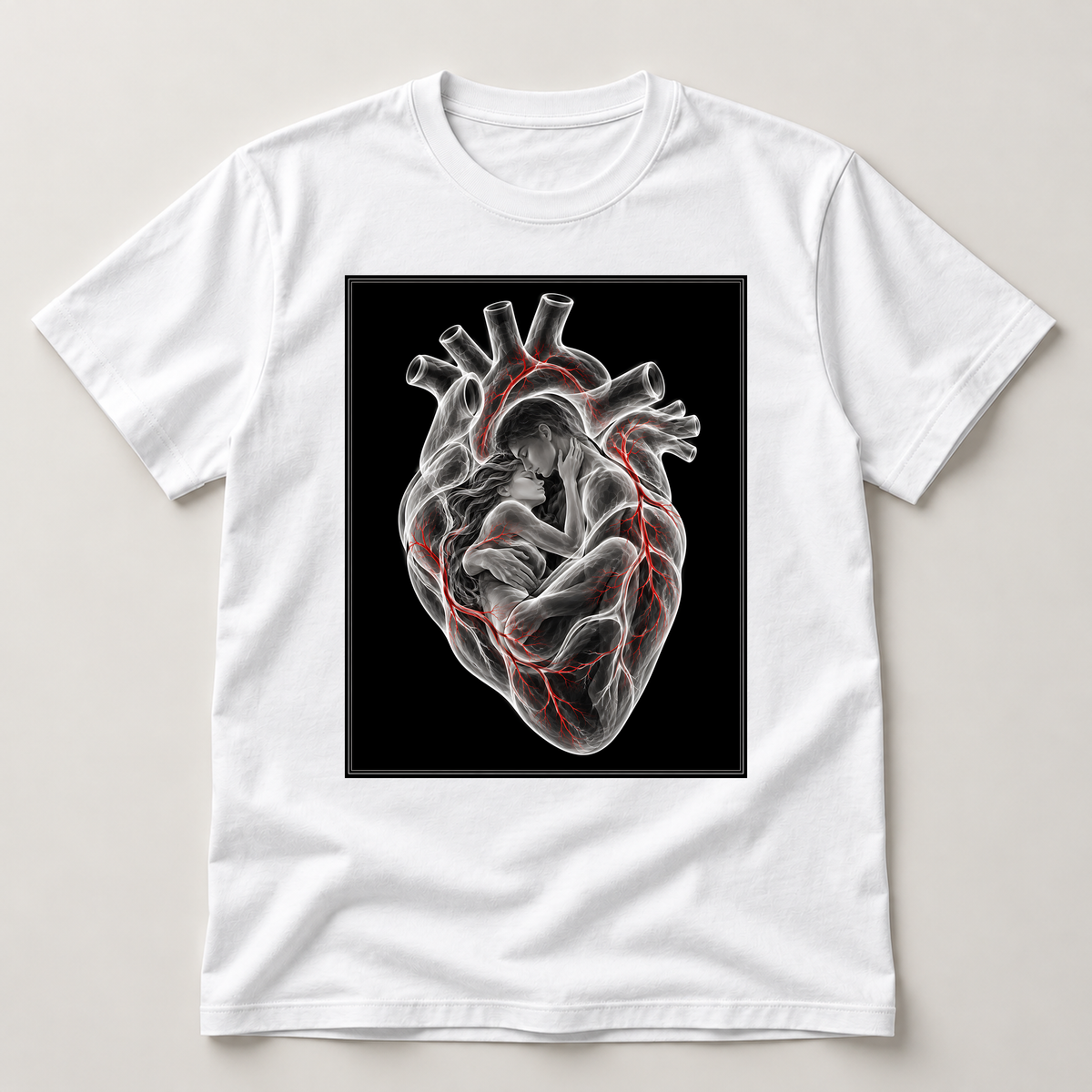 Liebe in roten Linien – weißes T-Shirt als flache Ansicht