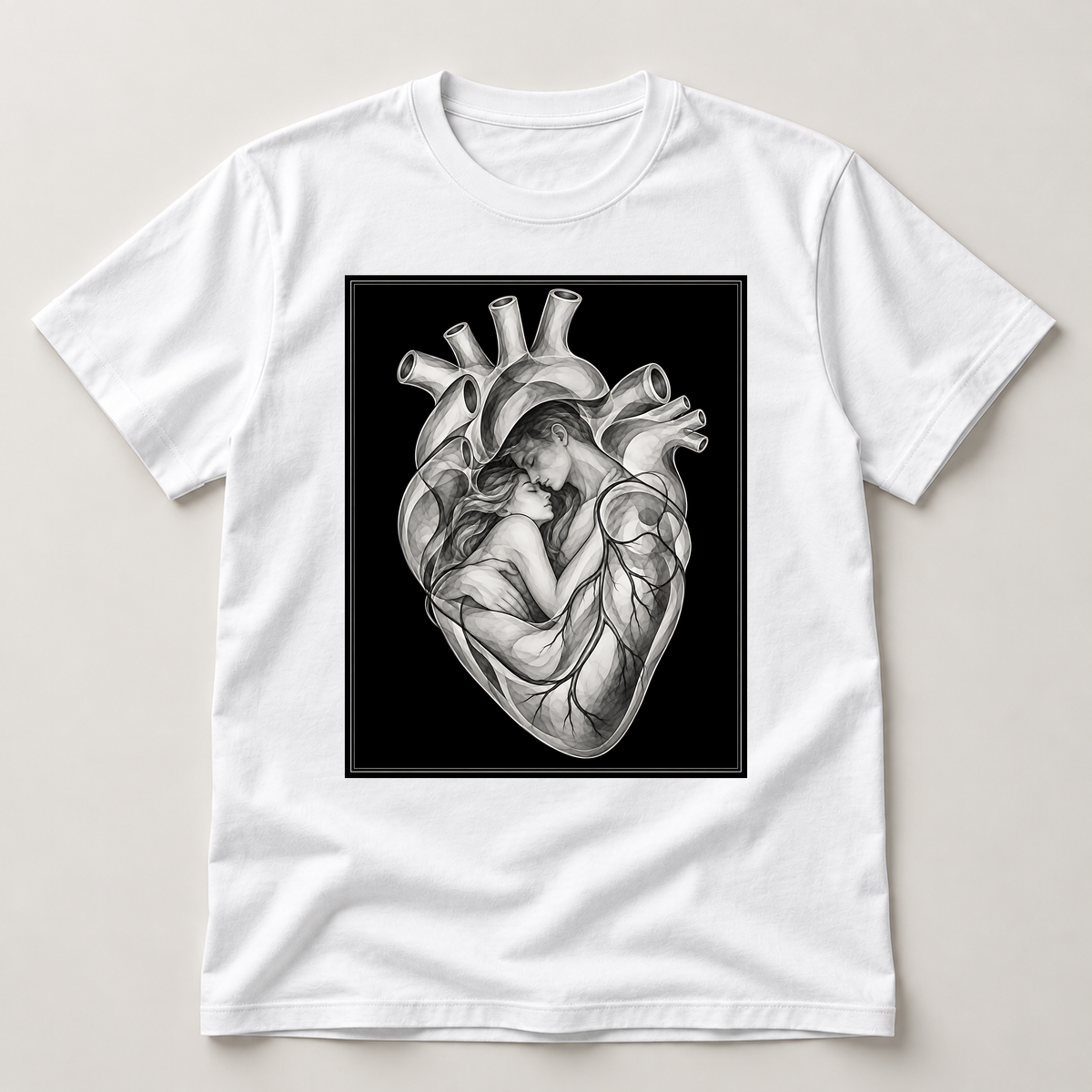 Geborgenes Herz – weißes T-Shirt als flache Ansicht