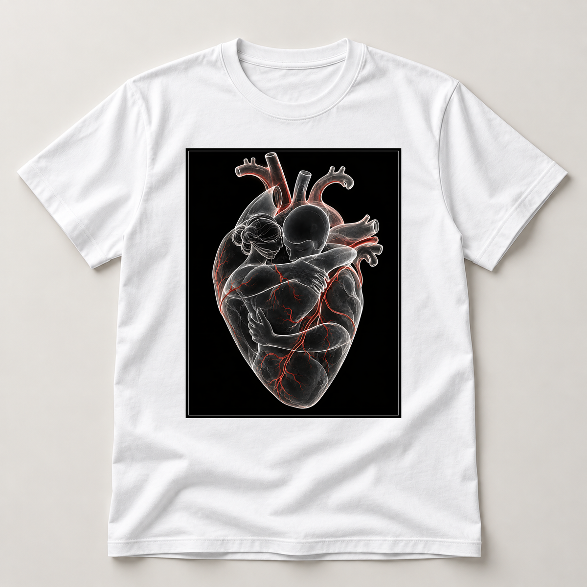 Rote Herzenslinien – weißes T-Shirt als flache Ansicht