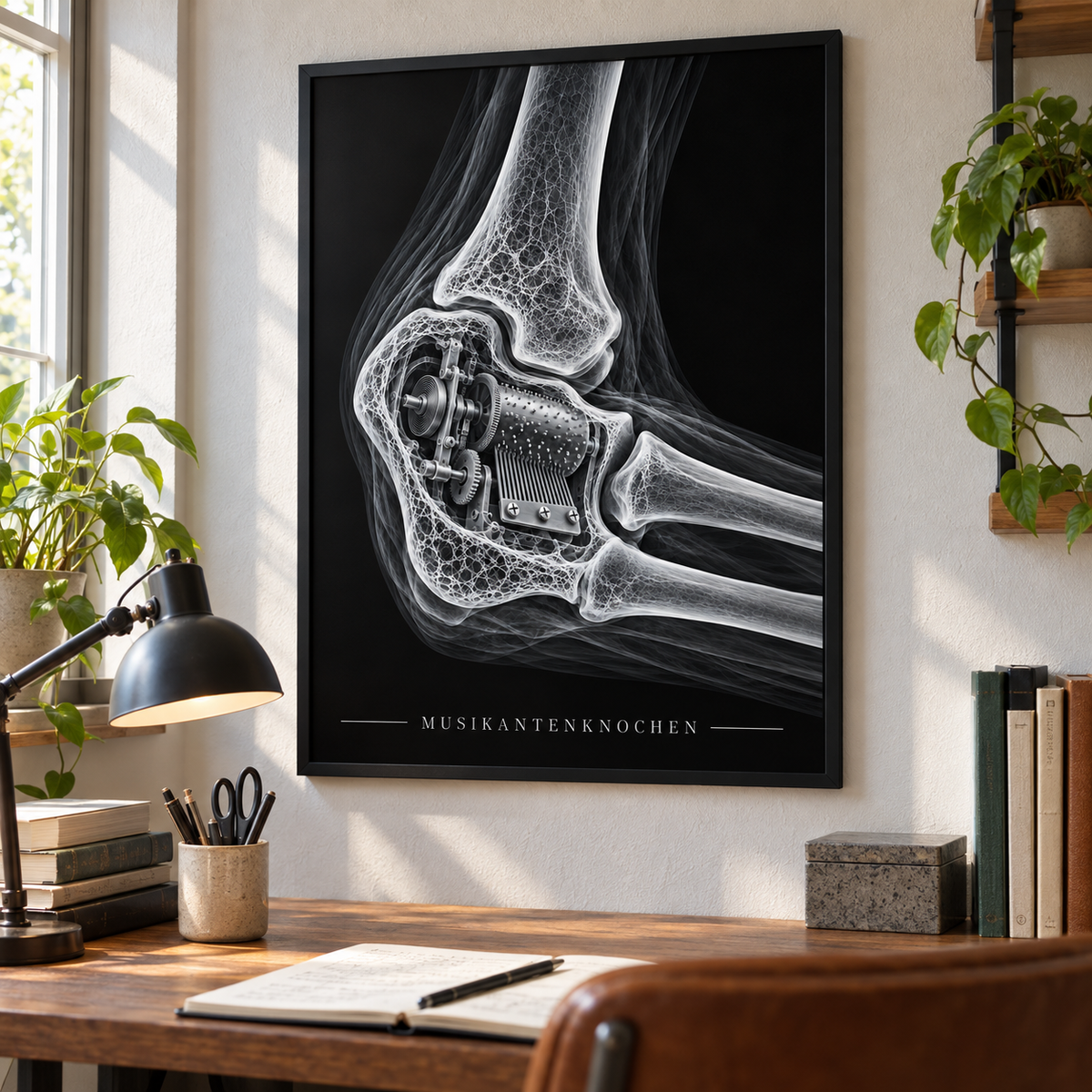 Musikantenknochen – Spieluhr – gerahmtes Wandbild im Arbeitszimmer