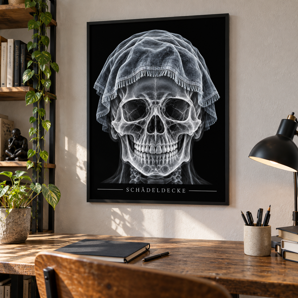 Schädeldecke – Fransendecke – gerahmtes Wandbild im Arbeitszimmer