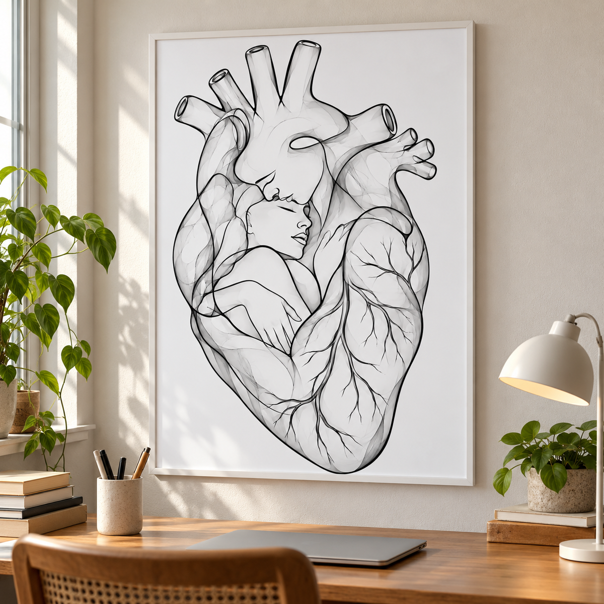 Stirnkuss – Klare Nähe als gerahmtes Bild über einem Schreibtisch.