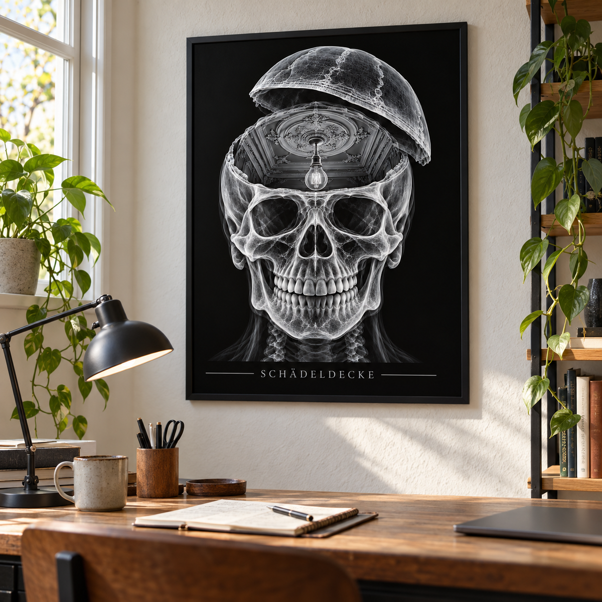 Schädeldecke – Stuckzimmer – gerahmtes Wandbild im Arbeitszimmer