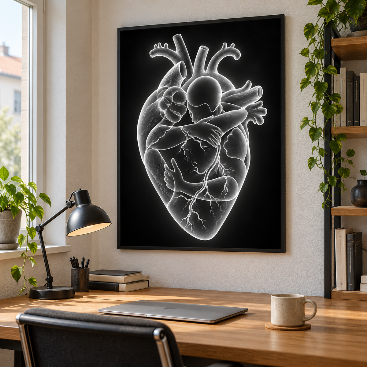 Herzumarmung – Lichtschein als gerahmtes Bild über einem Schreibtisch.