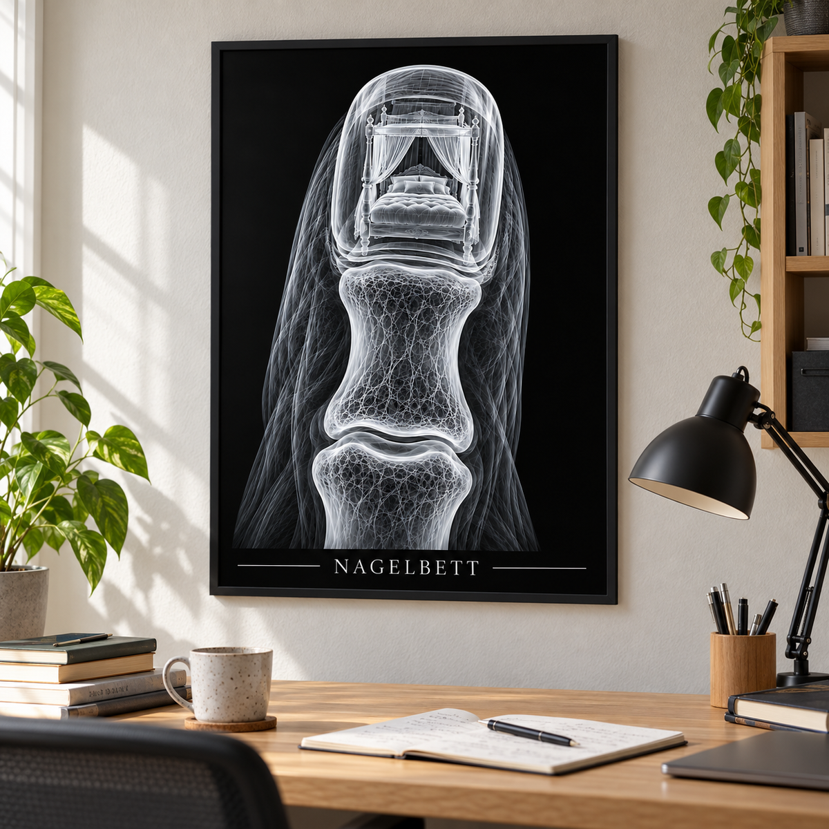 Nagelbett – Himmelbett – gerahmtes Wandbild im Arbeitszimmer