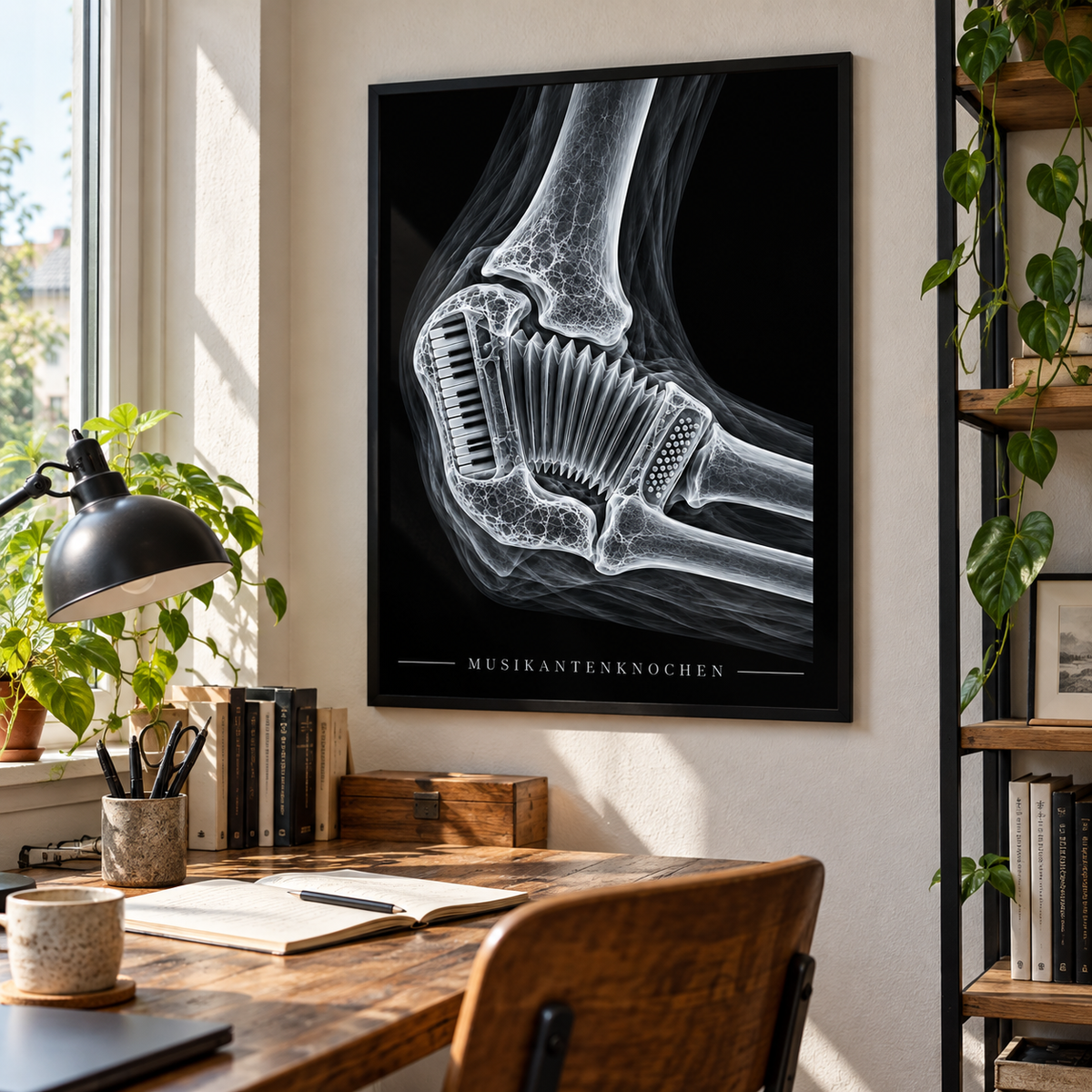 Musikantenknochen – Akkordeon – gerahmtes Wandbild im Arbeitszimmer