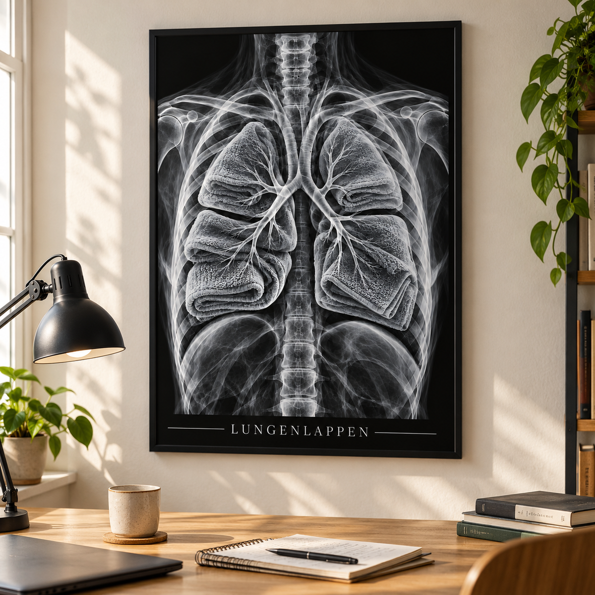Lungenlappen – Frottiertücher – gerahmtes Wandbild im Arbeitszimmer
