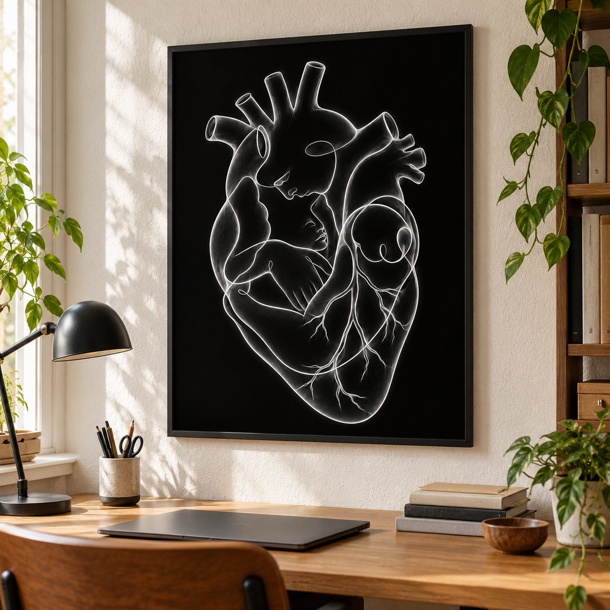 Stirnkuss – Leuchtende Stille als gerahmtes Bild über einem Schreibtisch.