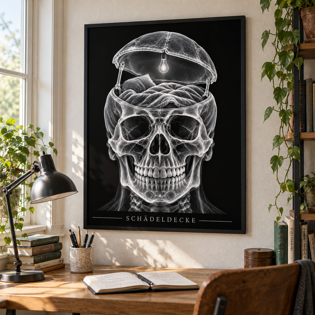 Schädeldecke – Leselicht – gerahmtes Wandbild im Arbeitszimmer