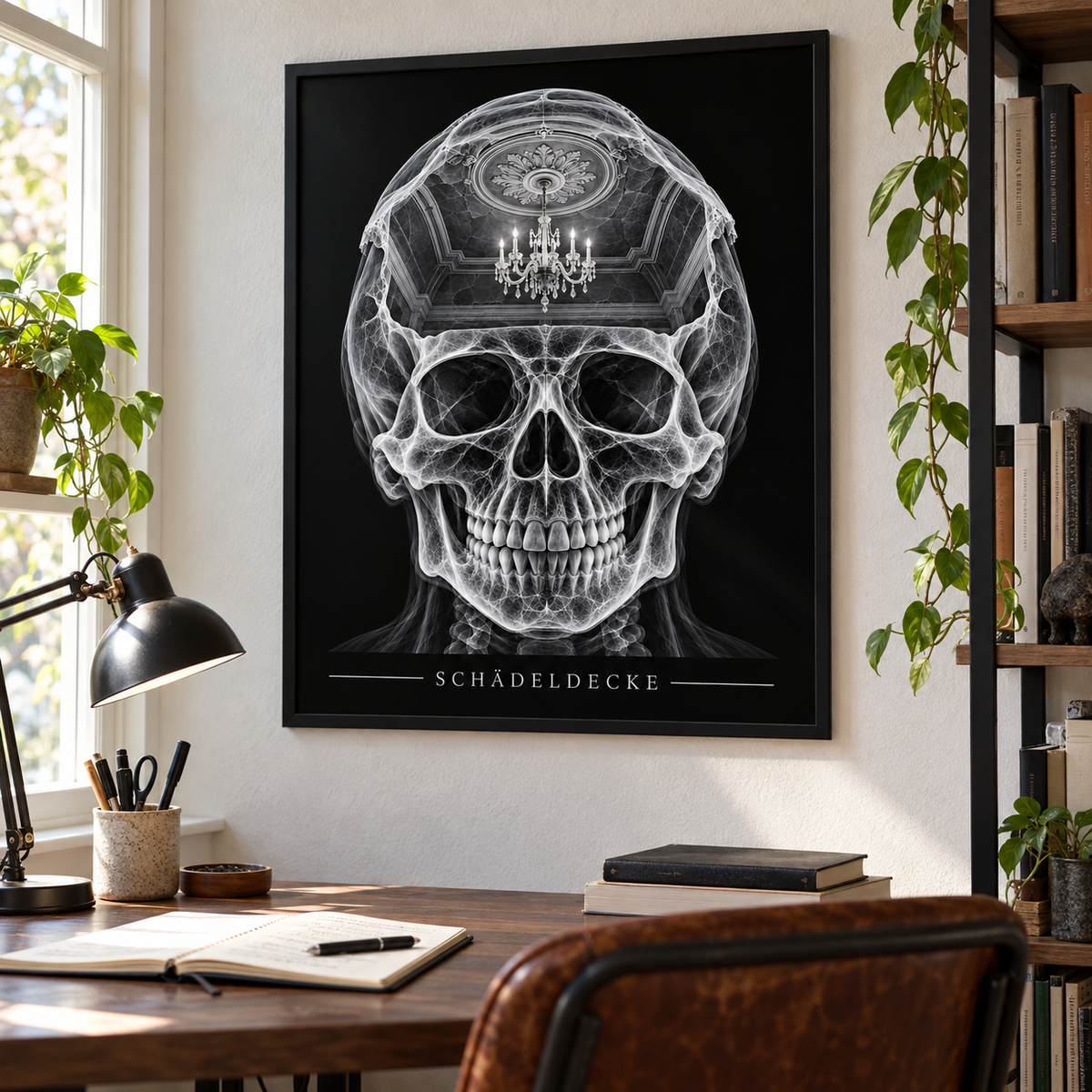 Schädeldecke – Kronleuchter – gerahmtes Wandbild im Arbeitszimmer