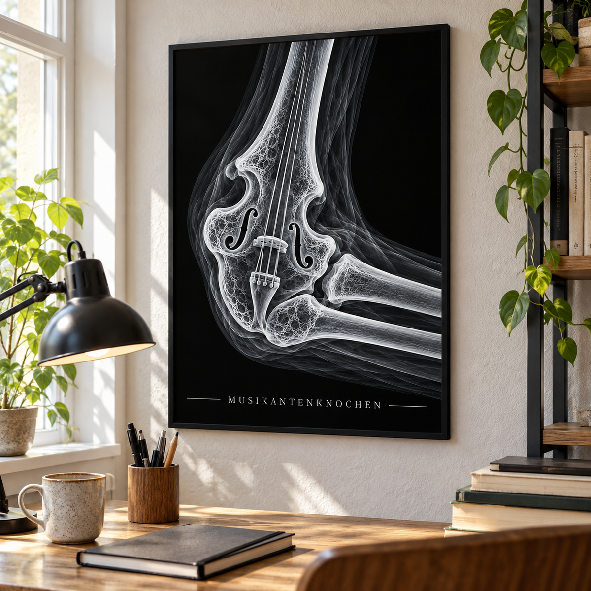 Musikantenknochen – Geige – gerahmtes Wandbild im Arbeitszimmer