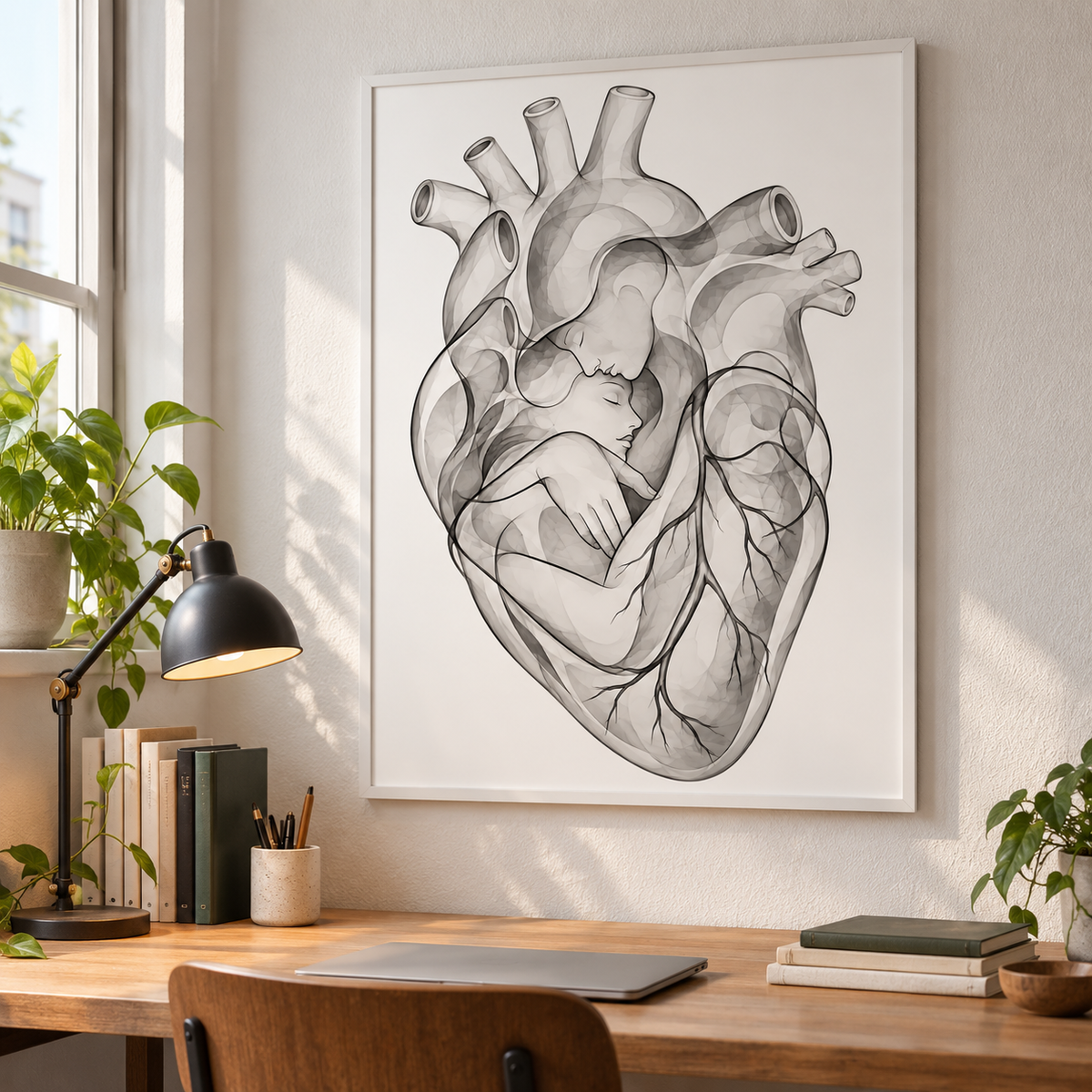 Stirnkuss – Sanfte Linien als gerahmtes Bild über einem Schreibtisch.