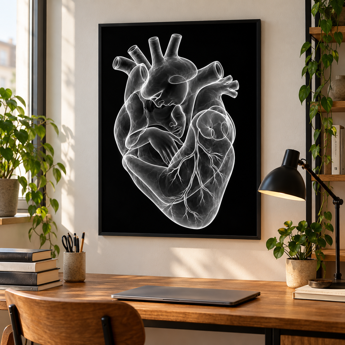 Stirnkuss – Silbernes Herzlicht als gerahmtes Bild über einem Schreibtisch.
