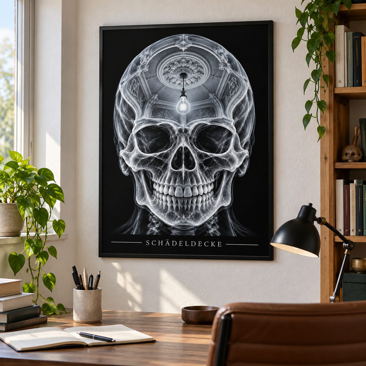 Schädeldecke – Stuckgewölbe – gerahmtes Wandbild im Arbeitszimmer