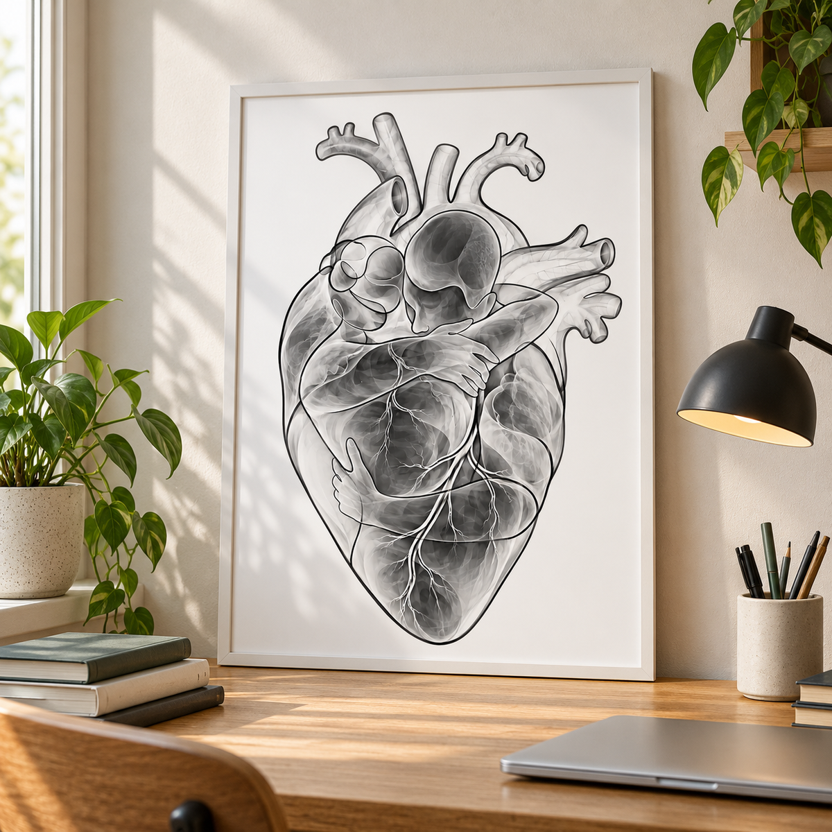 Herzumarmung – Klare Konturen als gerahmtes Bild über einem Schreibtisch.