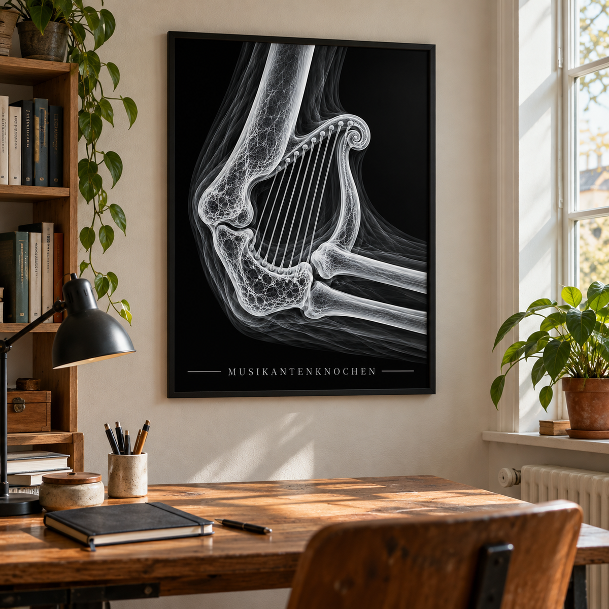 Musikantenknochen – Harfe – gerahmtes Wandbild im Arbeitszimmer