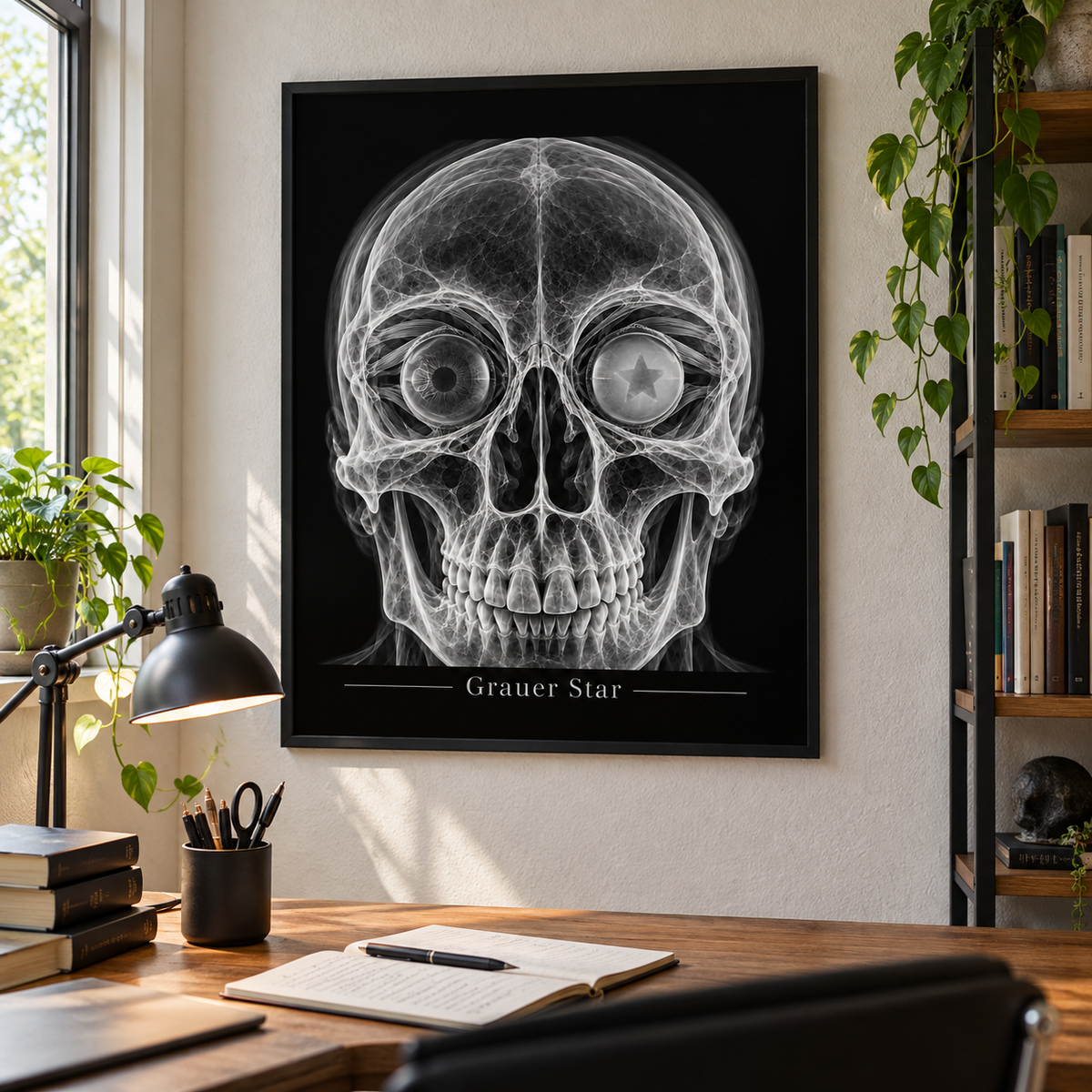 Grauer Star – gerahmtes Wandbild im Arbeitszimmer