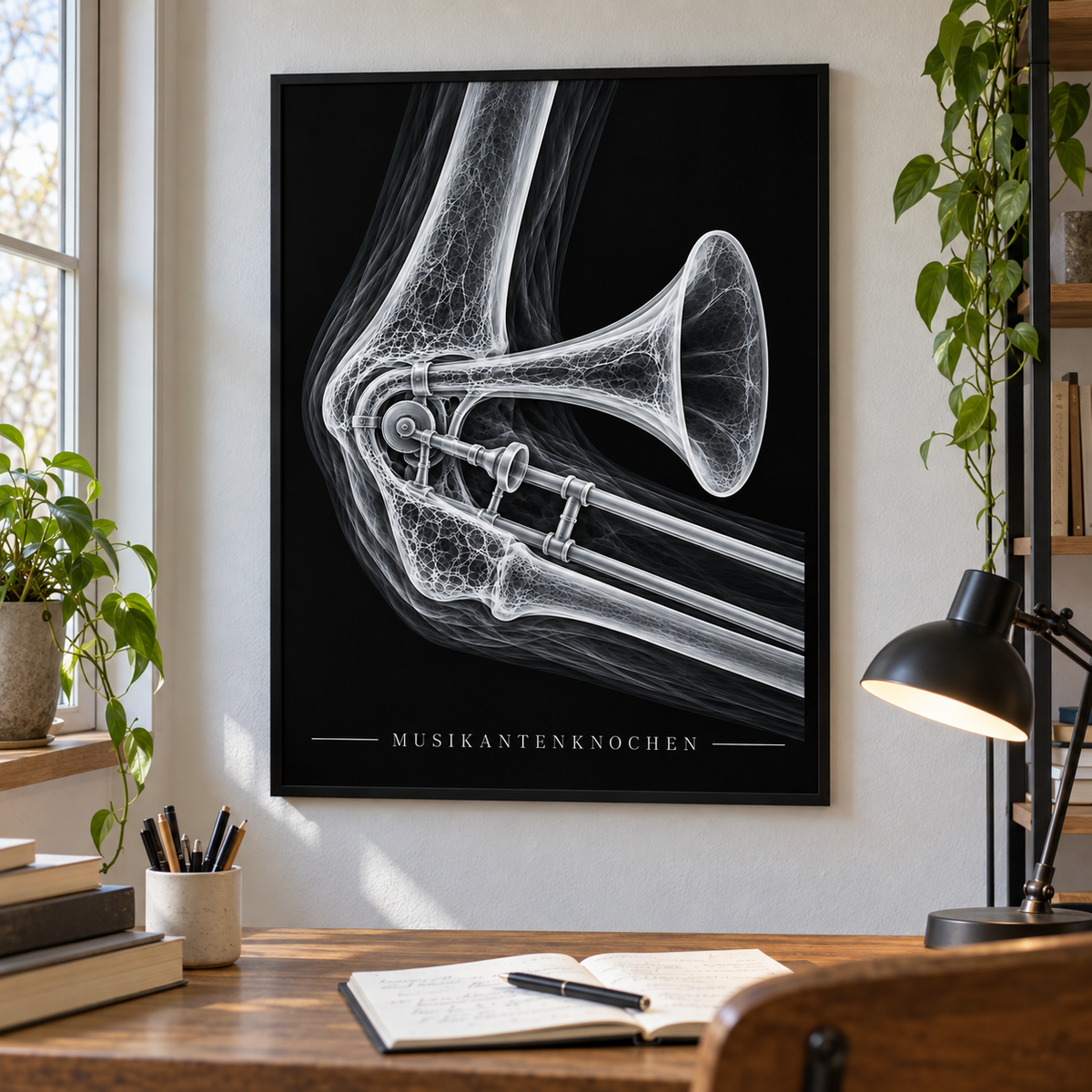 Musikantenknochen – Posaune – gerahmtes Wandbild im Arbeitszimmer
